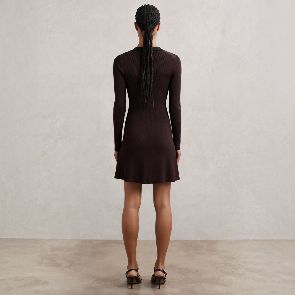 NEW REISS Alma Craft-Stitch Rib-Knit Mini Dress Burgundy Black XS NWT - Picture 5 of 10